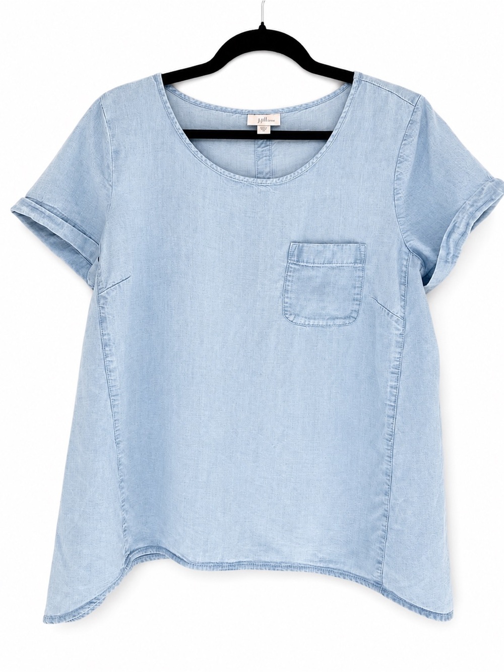 J.Jill Denim Tencel Linen Chambray Pocket Top Blue Roll Sleeve Medium